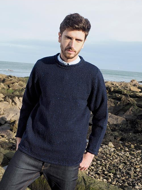 Aran Crafts Mens Plain Row Stitch Aran Sweater Crewneck with Curl Neck Collar Detail