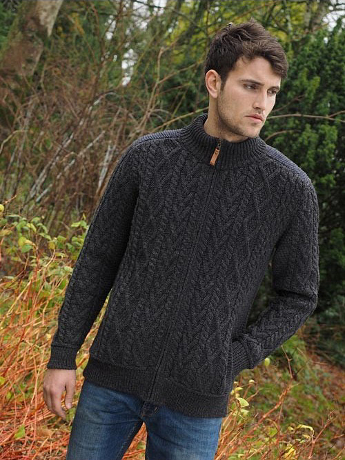 Aran Crafts Mens Cable Knit Full Zip Cardigan Aran Sweater Shoulder Detail