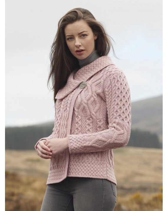 Aran Crafts by West End Knitwear Irish Aran Super Soft Merino Wool Sweater Womens One Button Patchwork Quilt