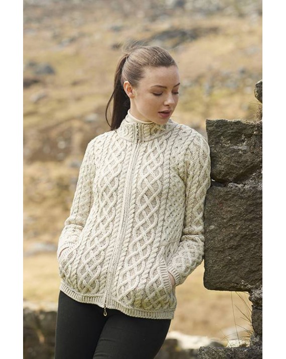 Aran Crafts Label Irish womens Merino Wool Collared Zip Front Cardigan Aran Sweater Jumper