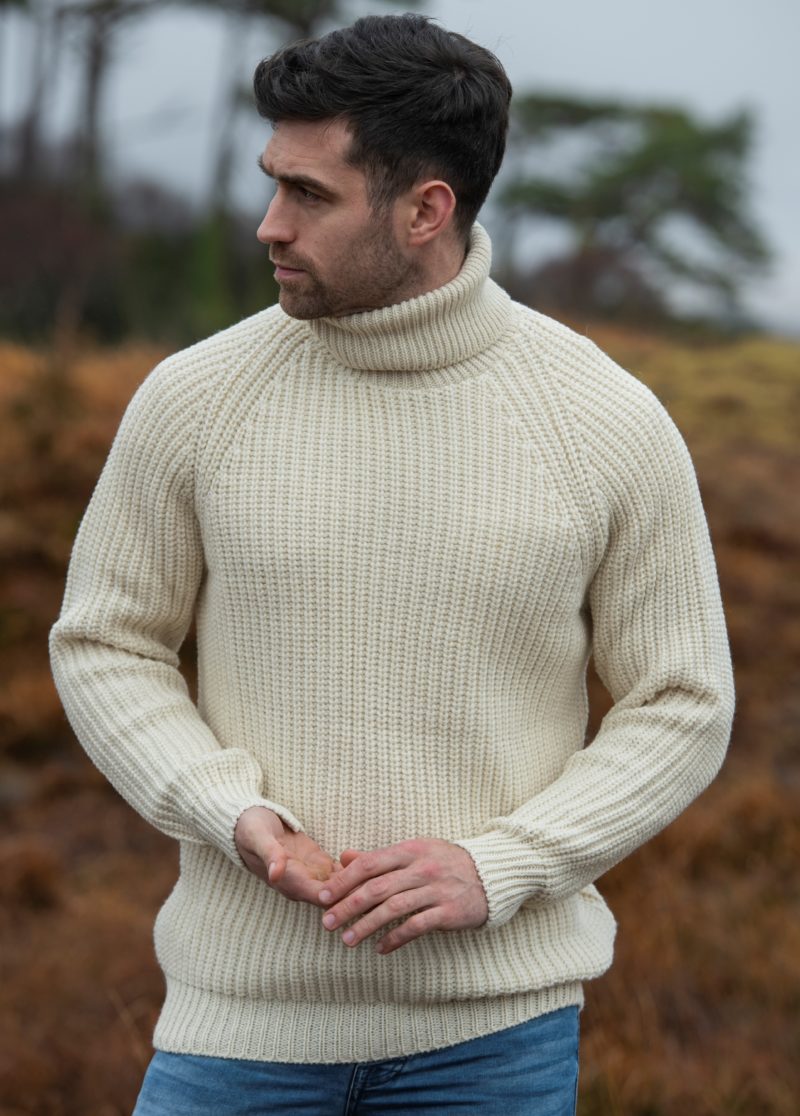Aran Crafts Irish Mens Wool Ribbed Polo Turtleneck Sweater