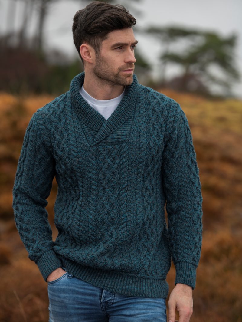 Aran Crafts Irish Mens Wool Cable Knit Sweater V-Neck Shawl Collar Sweater Fisherman Pullover