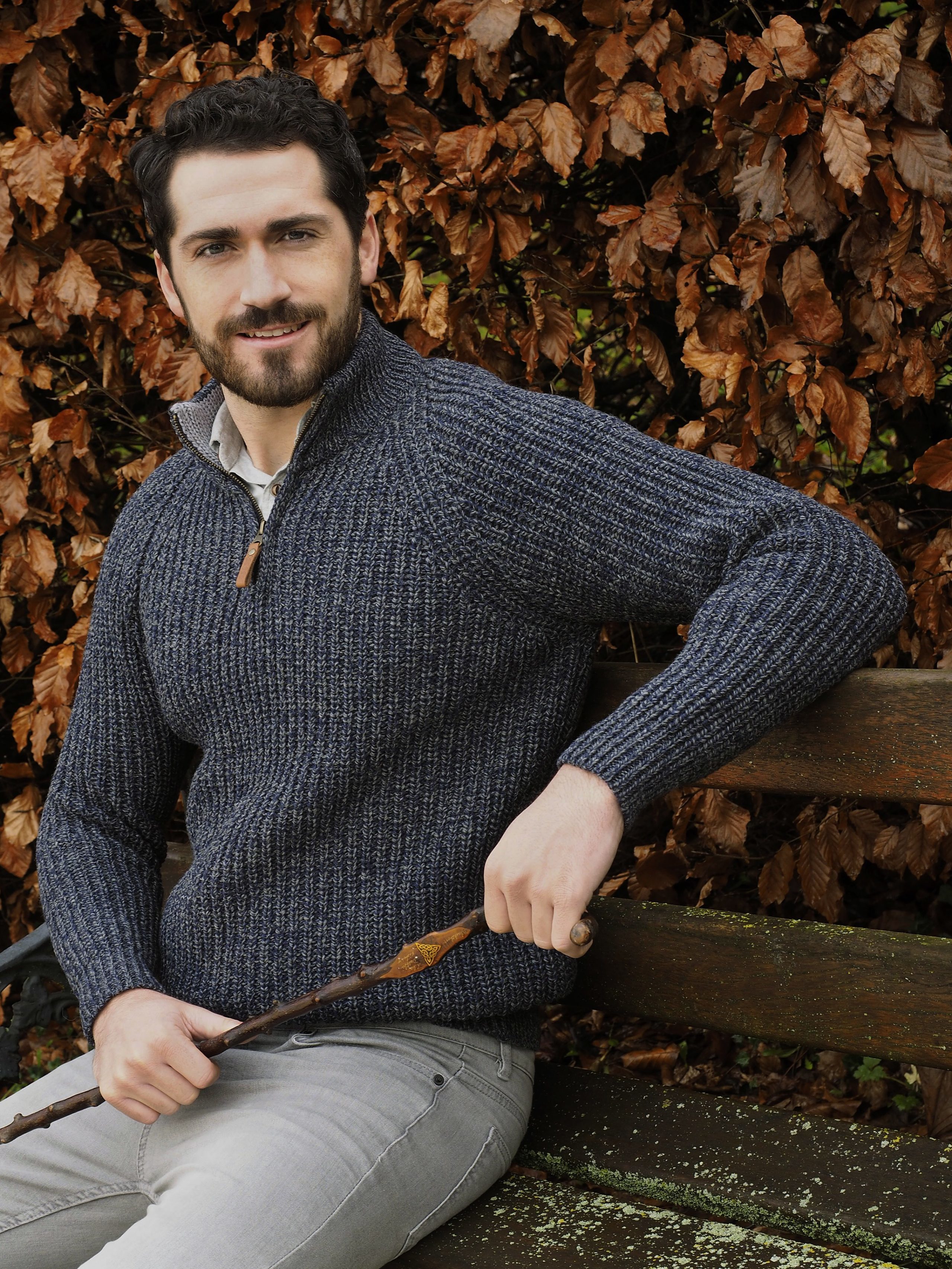Aran Crafts Irish Mens Wool Ribbed Half Zip Neck Sweater or Mock Neck With Zipper