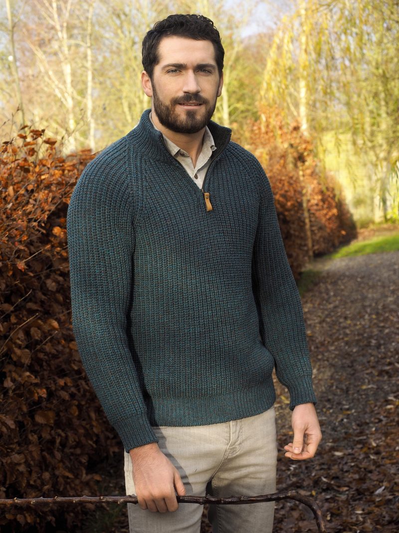 Aran Crafts Irish Mens Wool Ribbed Half Zip Neck Sweater or Mock Neck With Zipper