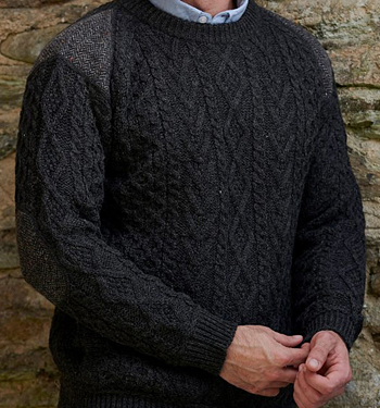 Mens Irish Cable Knit Crewneck Sweater by Aran Crafts with Tweed Patch Shoulders