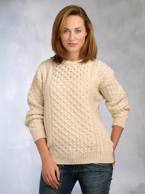 Aran Crafts Irish Aran Wool Sweater Womens Cable Knit Crewneck Sweater Pullover Jumper Crew Neck