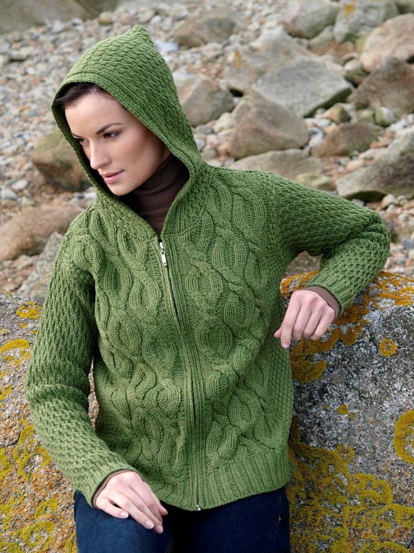 Aran Crafts Irish Aran Wool Sweater Womens Zip Cardigan Hoody Sweater