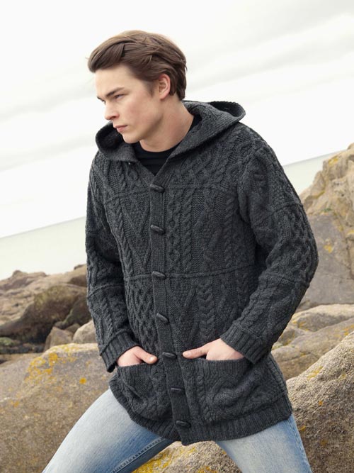 Aran Crafts Mens Aran Cable Knit Sweater with Hood Duffle Coat Jacket Coat Sweater