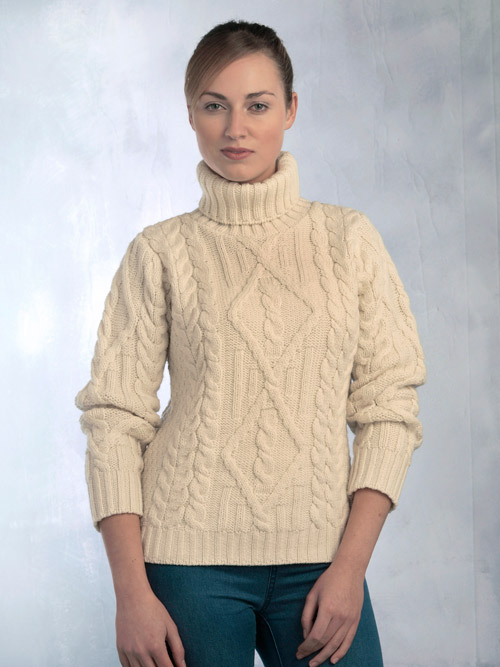 Aran Crafts Irish Aran Wool Sweater Womens Traditional Aran Diamond Pattern Roll Collar Polo Neck Ladies Jumper Pullover Turtleneck Sweater