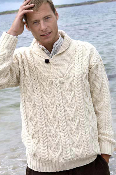 Aran Crafts Mens Aran Sweater Shawl Collar Pullover