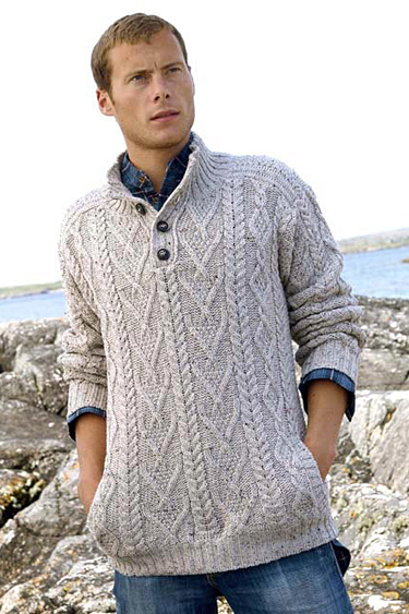Aran Crafts Mens Aran Sweater Button Neck Pullover