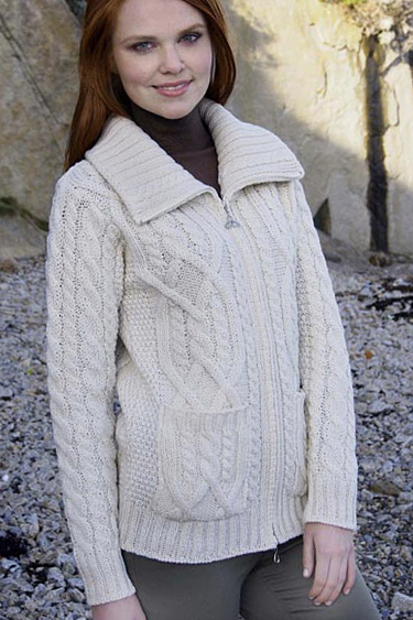 Aran Crafts Irish Aran Womens Wool Cable Knit High Double Collar Sweater Cardigan as Mock Turtleneck