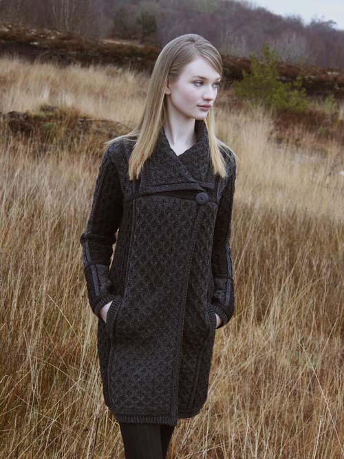 Aran Crafts Irish Aran Wool Sweater Womens Cable Knit Merino Two Tone Plated Long Cardigan Sweater Coat With Pockets