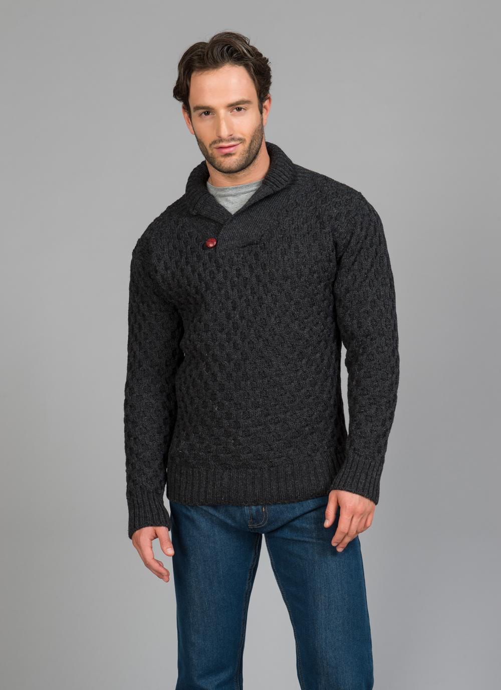 Aran Private Label Irish Mens Merino Wool Shawl Collar One Button Pullover Sweater Jumper Buttoned Neck