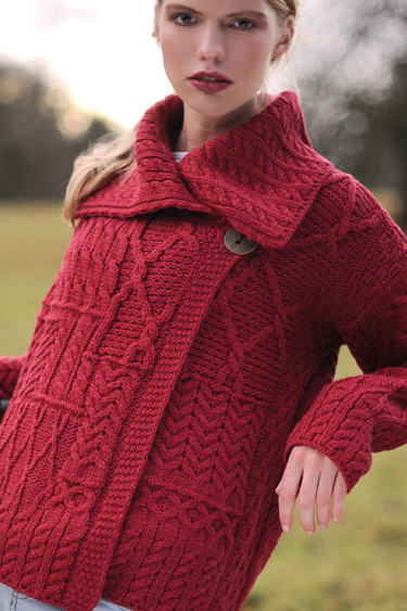 Carraig Donn Irish Aran Wool Sweater Womens One Button Patchwork Wrap Cardigan