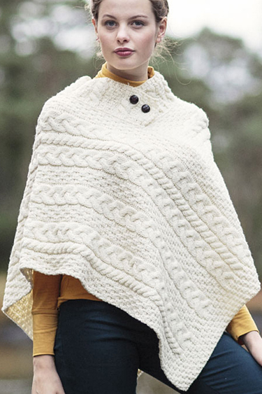 Carraig Donn Irish Aran Wool Sweater Womens Cable Knit Cape Poncho Sweater