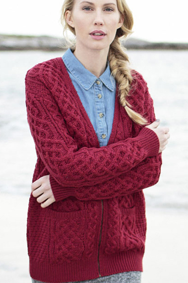 Carraig Donn Irish Aran Wool Sweater Womens Cable Knit Zippered Cardigan Sweater