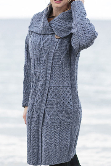 Carraig Donn Irish Aran Wool Sweater Womens Cable Knit Patchwork Long Cardigan Sweater