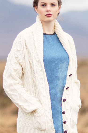 Carraig Donn Irish Aran Wool Sweater Womens Merino Wrap With Pockets Sweater