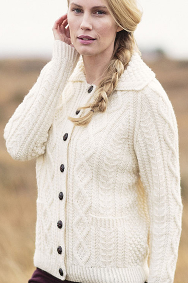 Carraig Donn Irish Aran Wool Sweater Womens Cable Knit Lumber Handknit Buttoned Cardigan Sweater