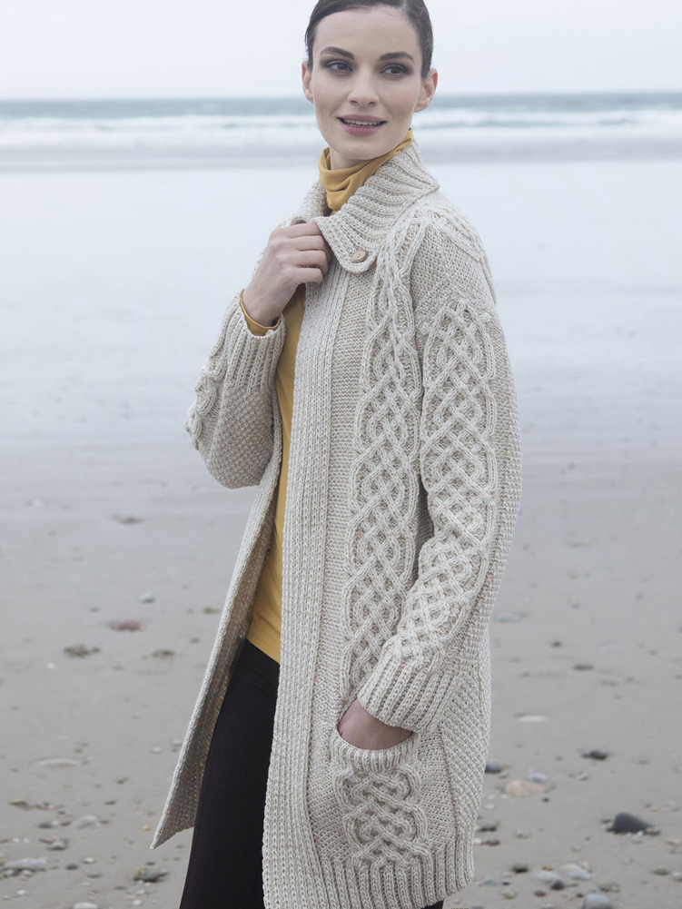 Carraig Donn Irish Merino Wool Aran Sweater Womens Ladies Cable Knit Plaited Cardigan Coat Aran Sweater Sweatercoat Coatigan Sweater
