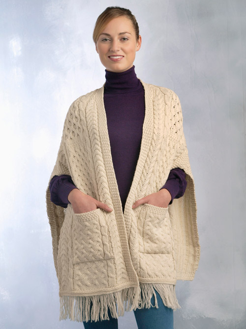 Aran Crafts Irish Aran Wool Sweater Womens Cable Knit Wrap Sweater Ladies Fringe Detail Tassle Sweater