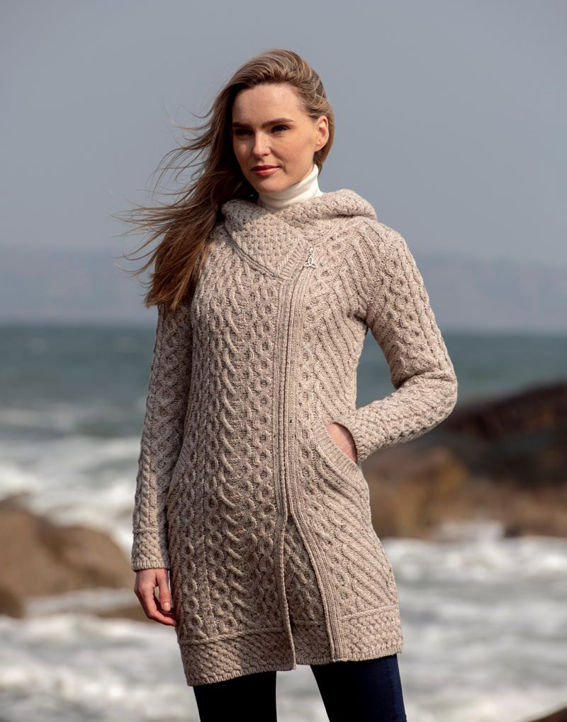100% Merino Wool Aran Crafts Womens Cable Knit Comfortable Side Zip Hoodie 