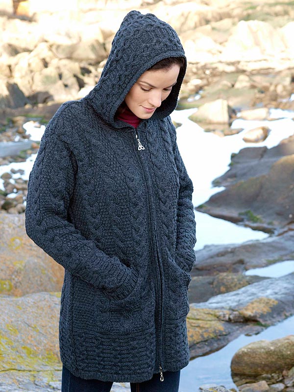 Aran Crafts Irish Aran Wool Sweater Womens Cable Knit Hooded Sweater Coat Ladies Coat Sweater