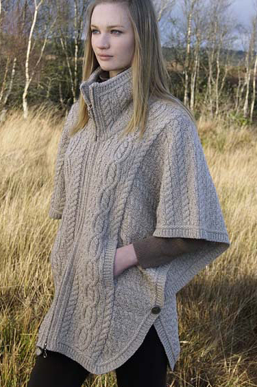 Aran Crafts Irish Aran Wool Sweater Womens Ladies Collared Side Buttoned Zippered Cape Poncho Cardigan Sweater with Funnel Neck and Double Collar Batwing Jacket