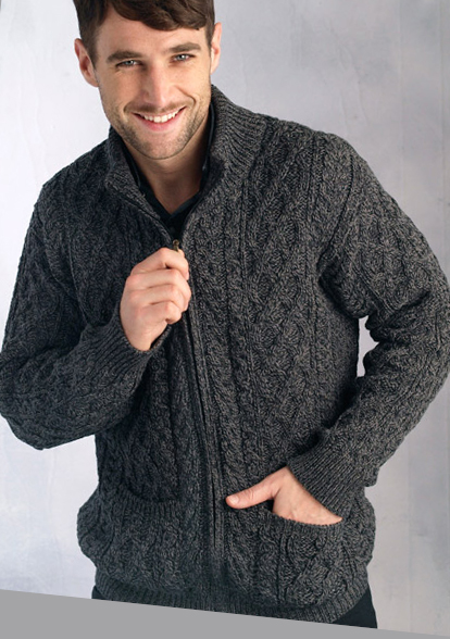 100% Merino Wool Aran Crafts Men's Cable Knit Shoulder Detail Zipped Cardigan 