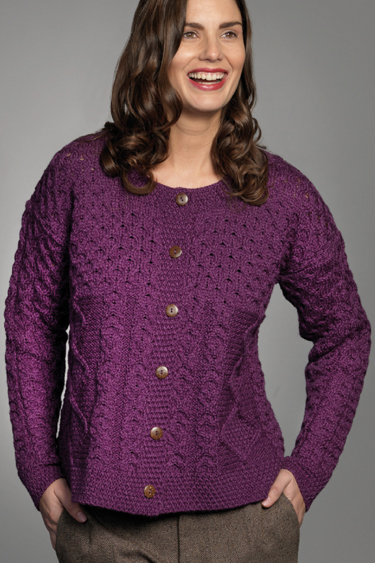 Carraig Donn Irish Aran Wool Sweater Womens Cable Knit Diamond Buttoned Cardigan Sweater