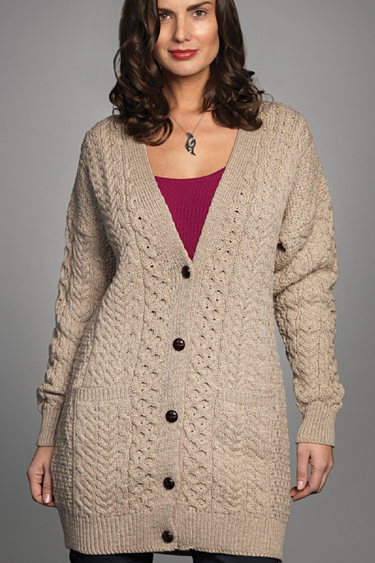 Carraig Donn Irish Aran Womens Wool Cable Knit Vneck Boyfriend Buttoned Cardigan Sweater