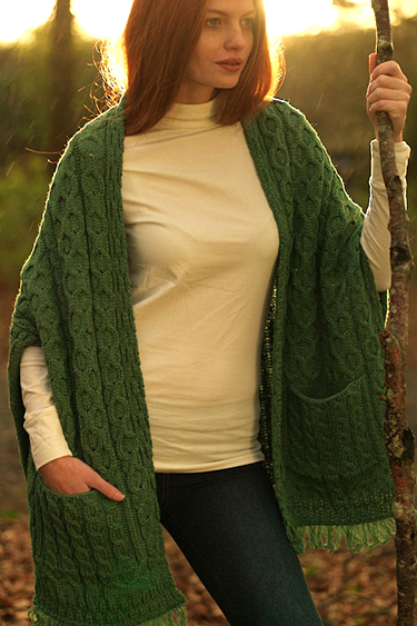Carraig Donn Irish Aran Womens Wool Cable Knit Merino Wrap With Pockets Sweater