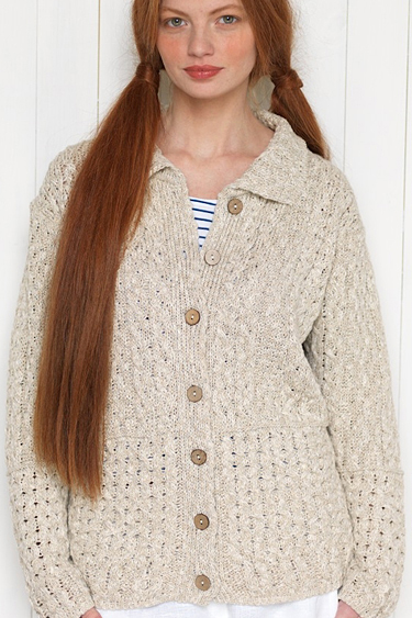 Carraig Donn Irish Cotton Linen Sweater Womens Cable Knit Buttoned Honeycomb Collared Cardigan Sweater