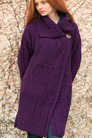 Carraig Donn Irish Aran Wool Sweater Womens Cable Knit Patchwork Long Cardigan Sweater