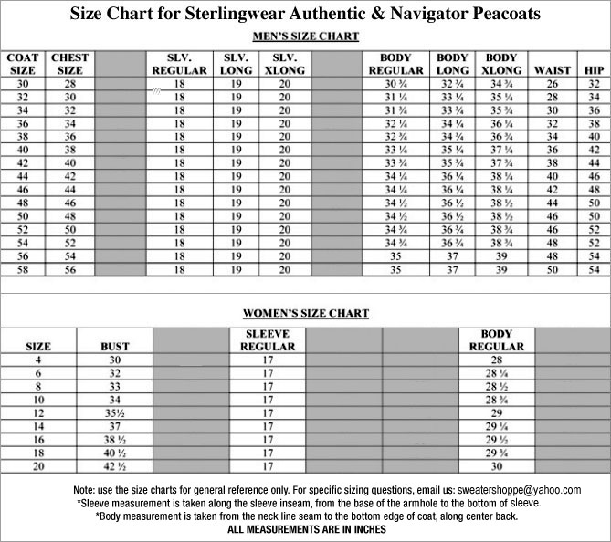 Pea Coat Size Chart